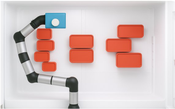 A robot arm reaching over a table of boxes